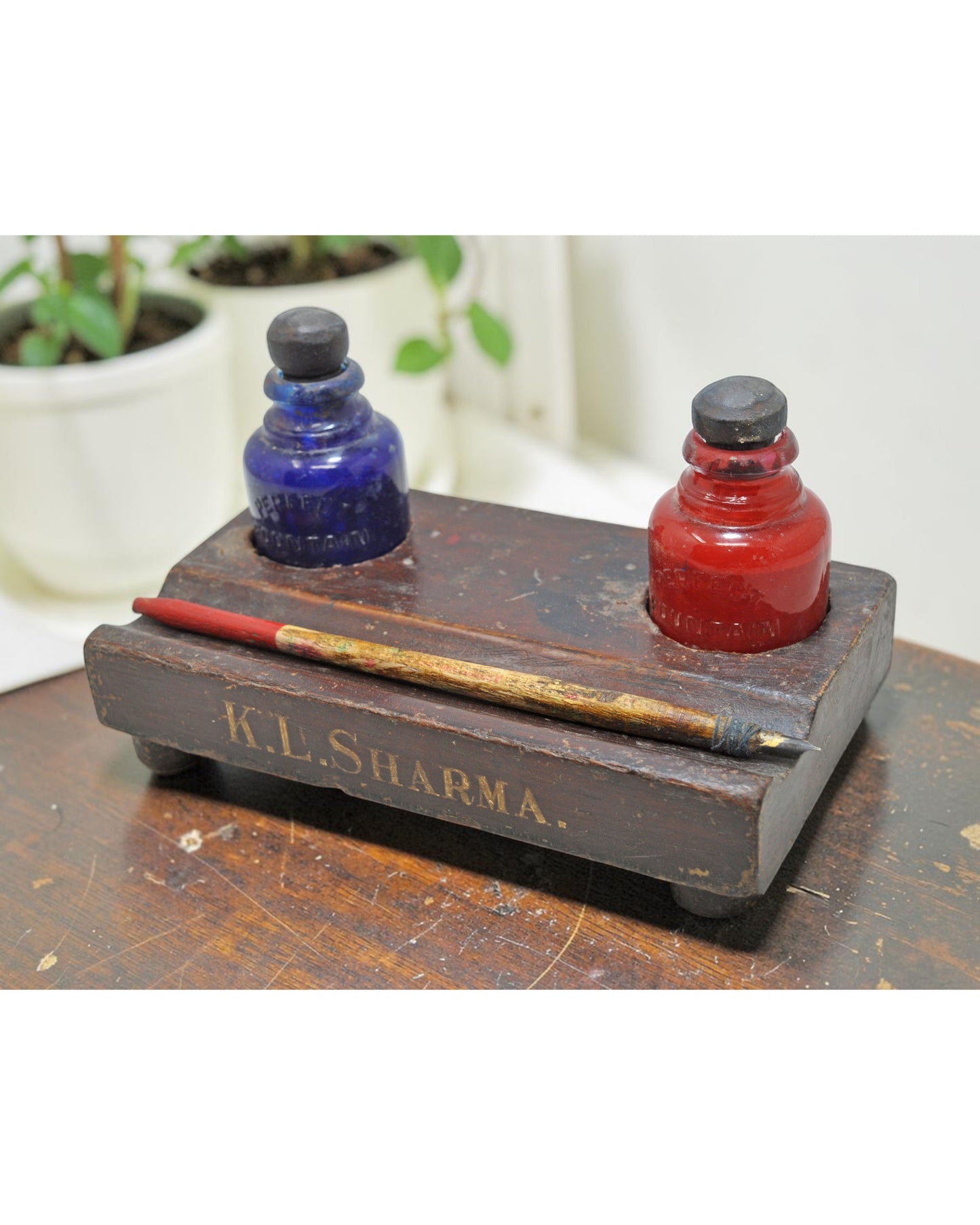 Antique Wooden Pen and Glass Ink Pots Stand Original Old Hand Crafted