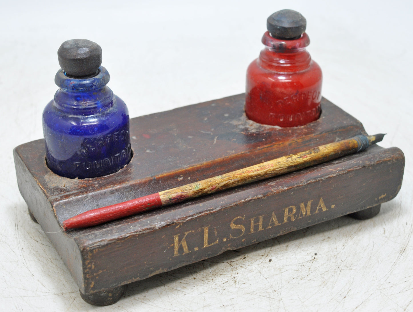 Antique Wooden Pen and Glass Ink Pots Stand Original Old Hand Crafted