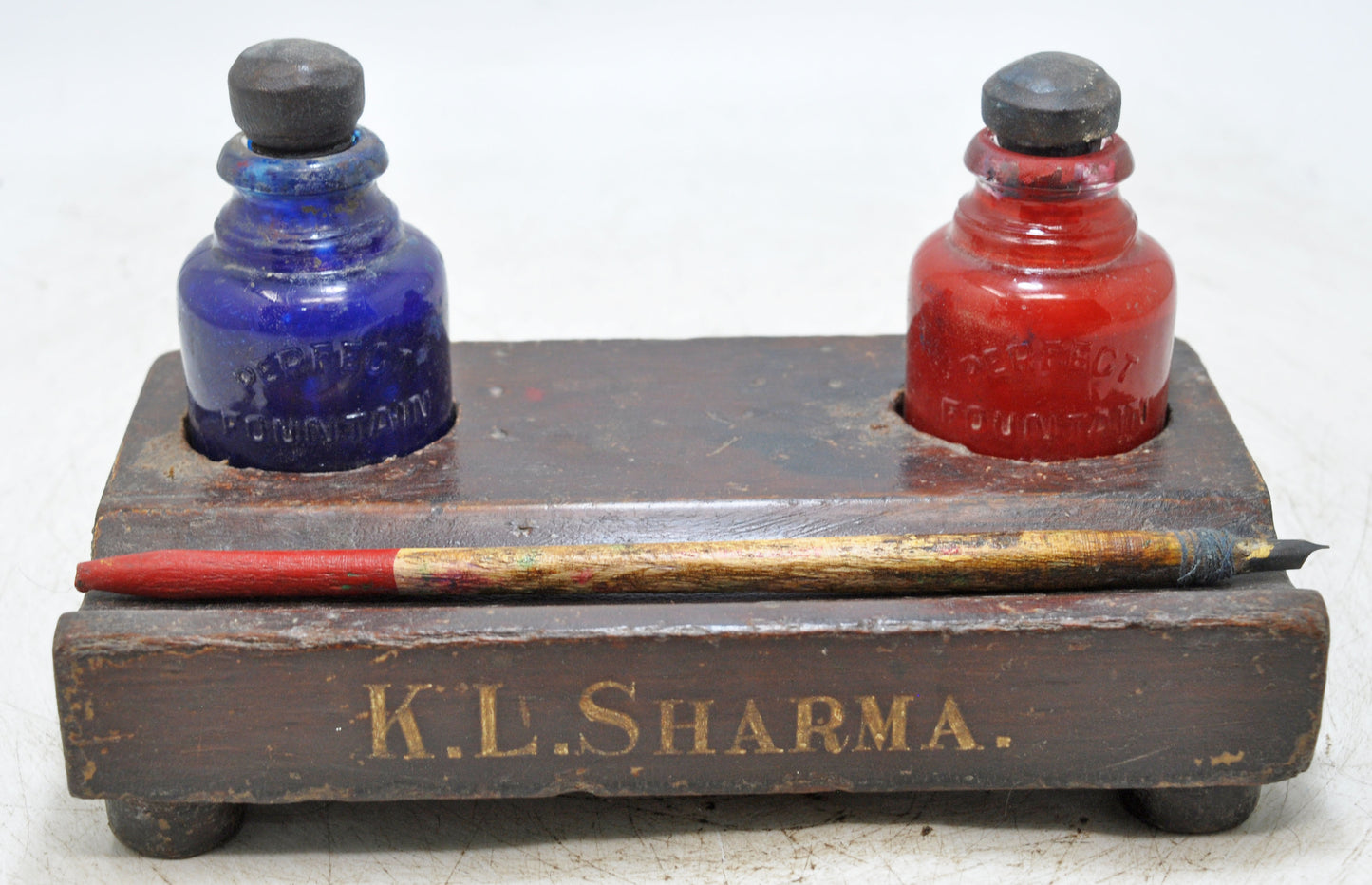 Antique Wooden Pen and Glass Ink Pots Stand Original Old Hand Crafted