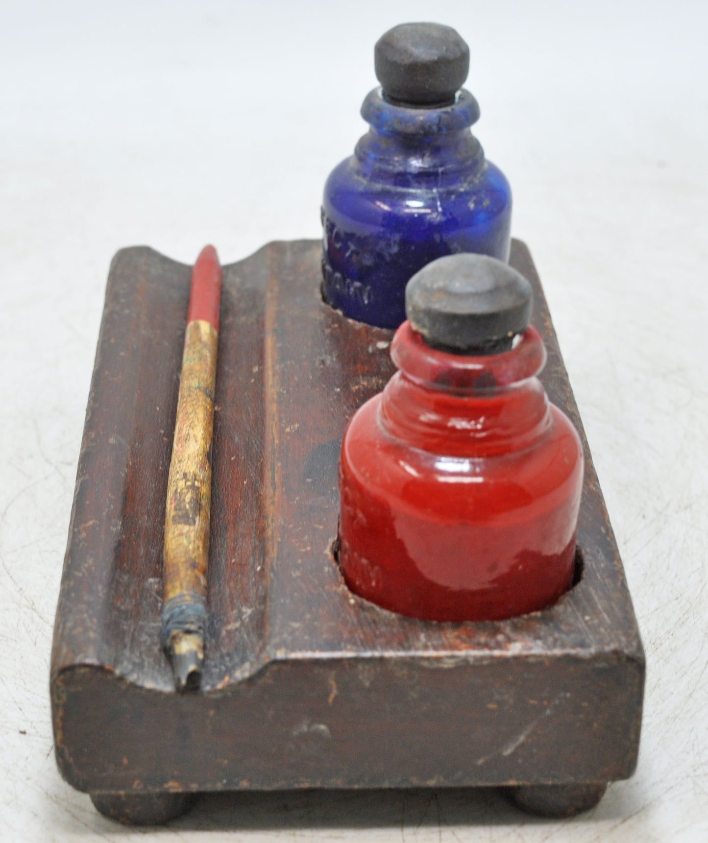 Antique Wooden Pen and Glass Ink Pots Stand Original Old Hand Crafted