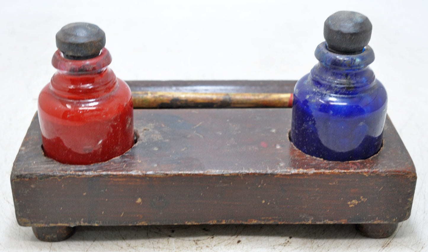Antique Wooden Pen and Glass Ink Pots Stand Original Old Hand Crafted