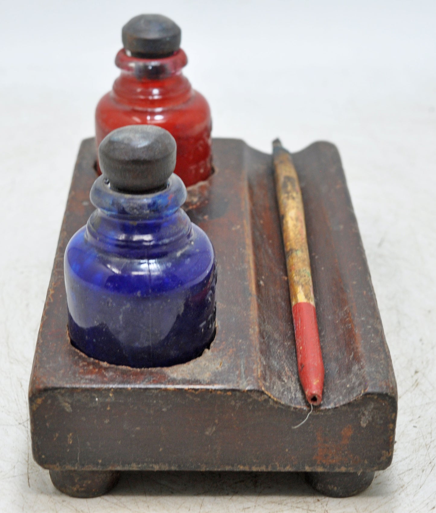 Antique Wooden Pen and Glass Ink Pots Stand Original Old Hand Crafted