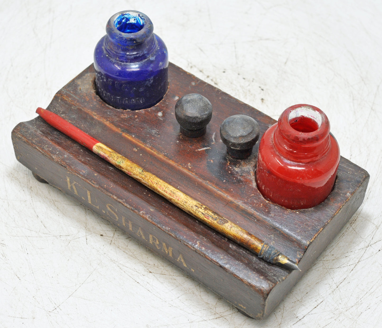 Antique Wooden Pen and Glass Ink Pots Stand Original Old Hand Crafted