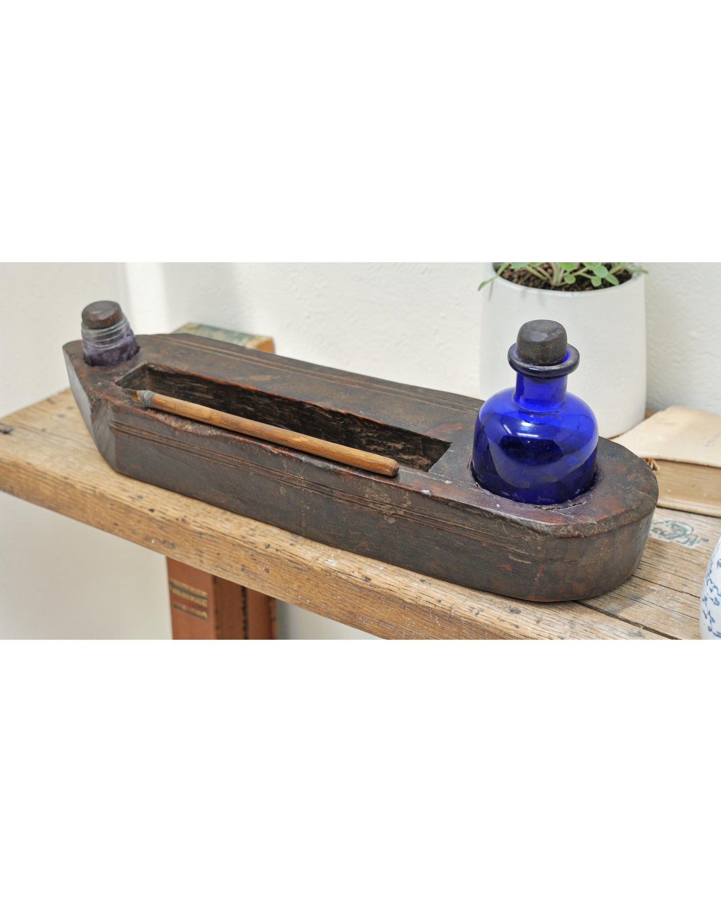 Antique Wooden Pen and Glass Ink Pots Stand Original Old Hand Crafted