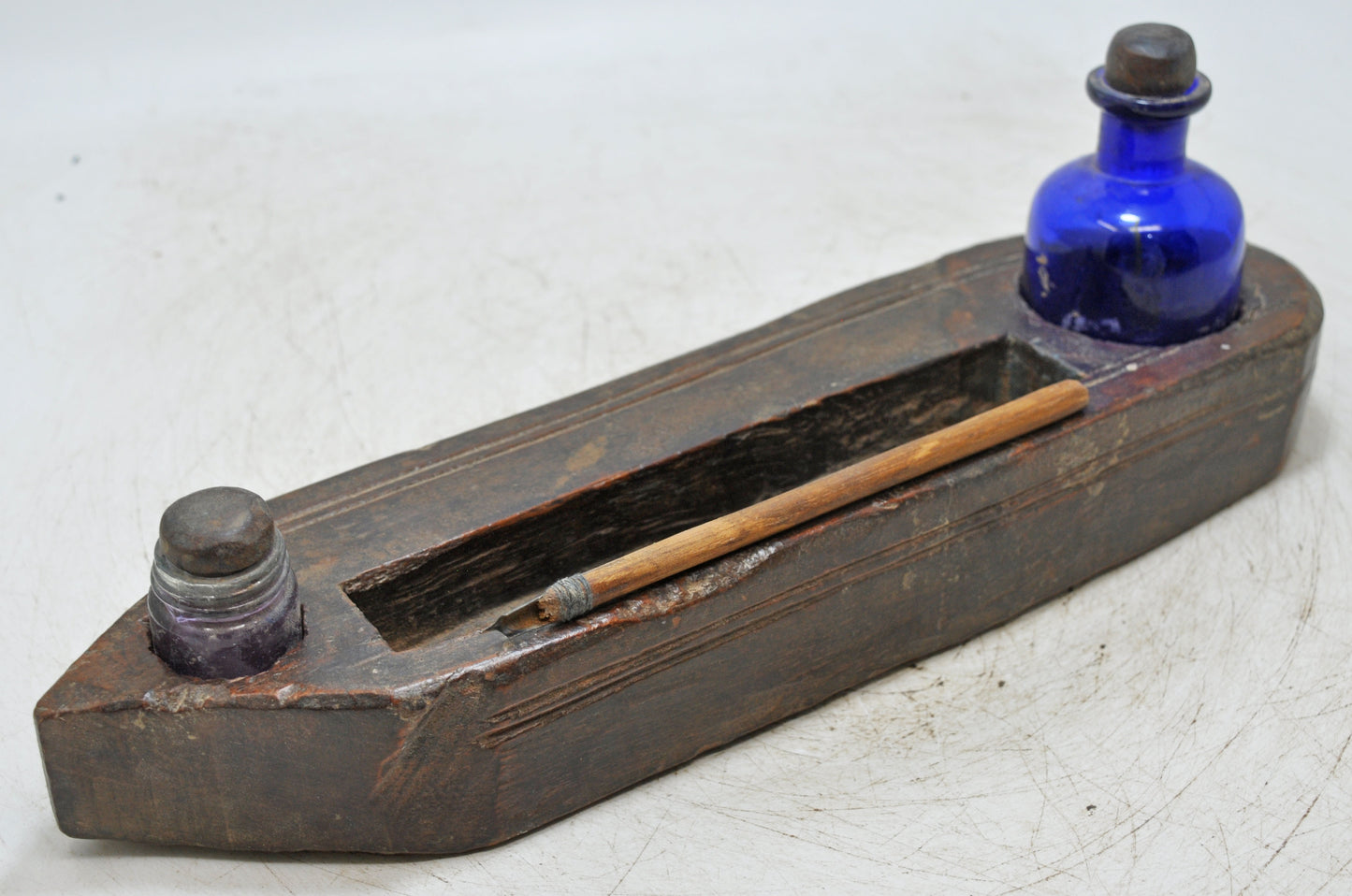 Antique Wooden Pen and Glass Ink Pots Stand Original Old Hand Crafted