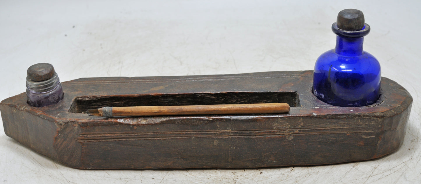 Antique Wooden Pen and Glass Ink Pots Stand Original Old Hand Crafted
