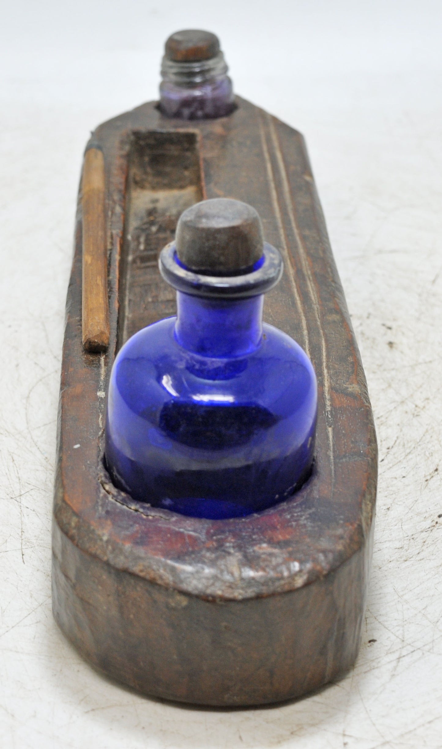 Antique Wooden Pen and Glass Ink Pots Stand Original Old Hand Crafted