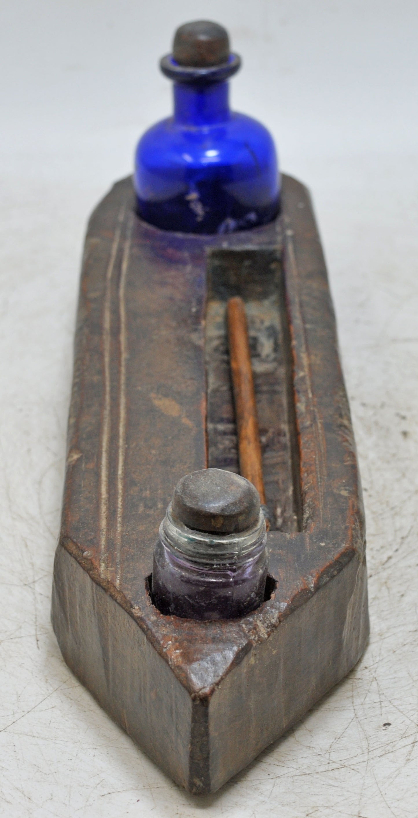 Antique Wooden Pen and Glass Ink Pots Stand Original Old Hand Crafted