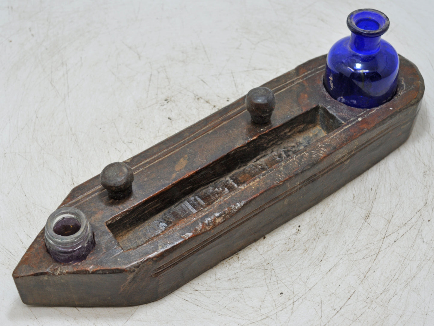 Antique Wooden Pen and Glass Ink Pots Stand Original Old Hand Crafted