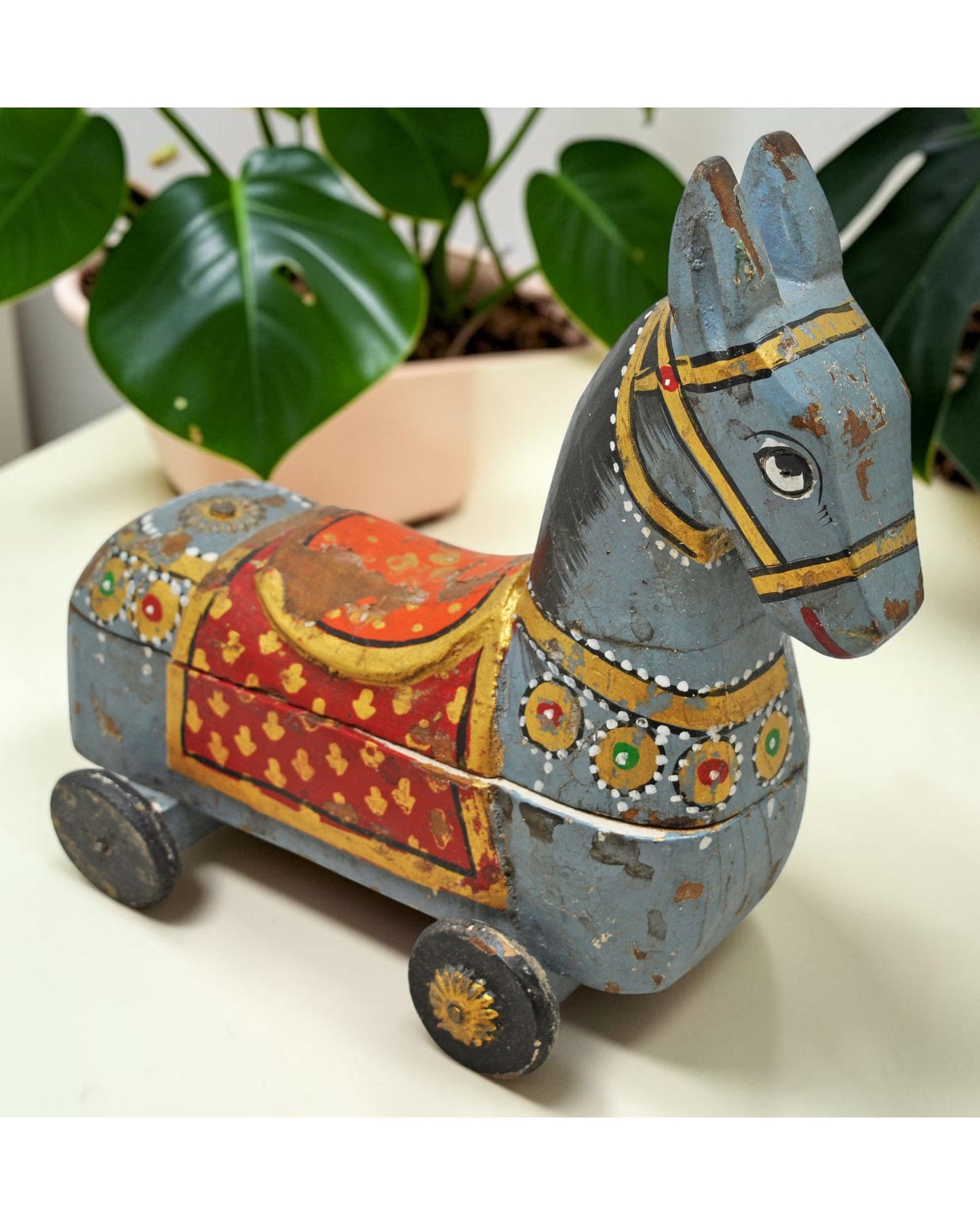 Fine Hand Carved Wooden Horse on Wheels Figurine Spice Box Rustic Painted
