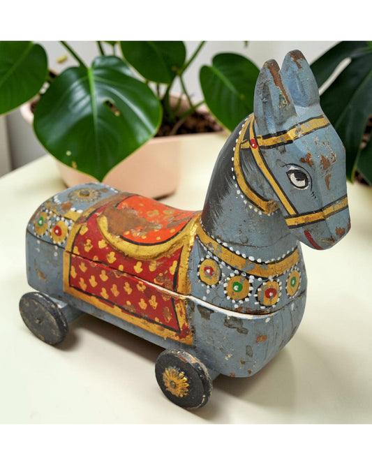 Fine Hand Carved Wooden Horse on Wheels Figurine Spice Box Rustic Painted