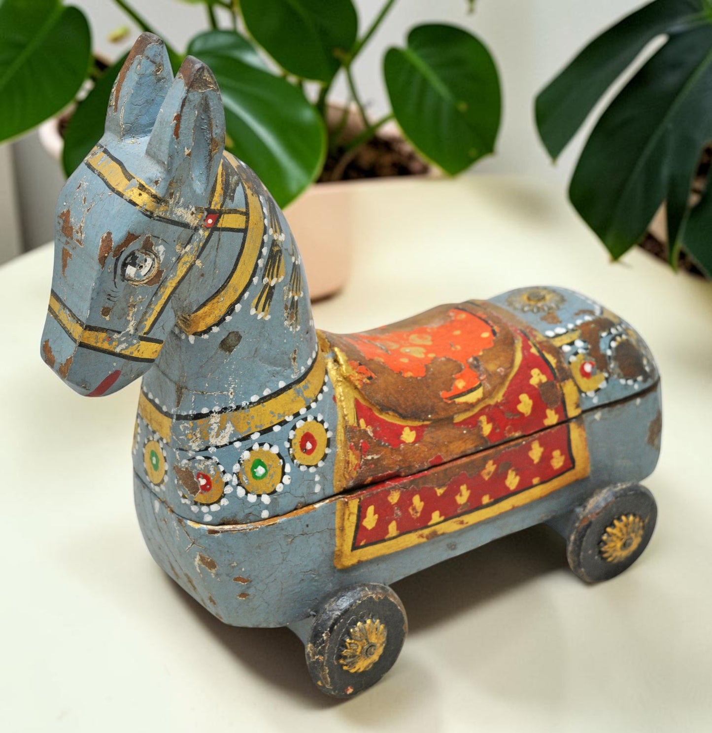 Fine Hand Carved Wooden Horse on Wheels Figurine Spice Box Rustic Painted