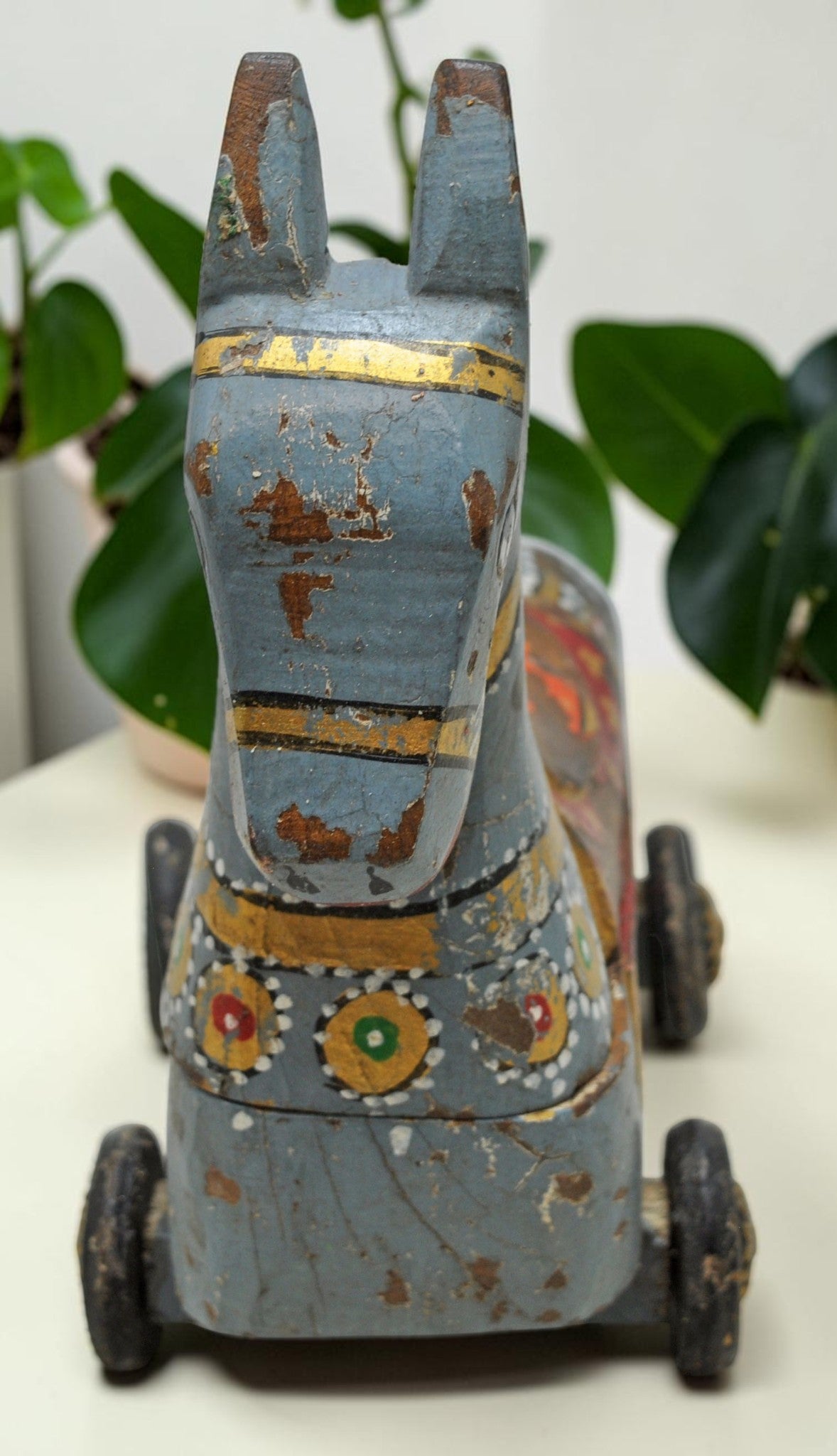 Fine Hand Carved Wooden Horse on Wheels Figurine Spice Box Rustic Painted