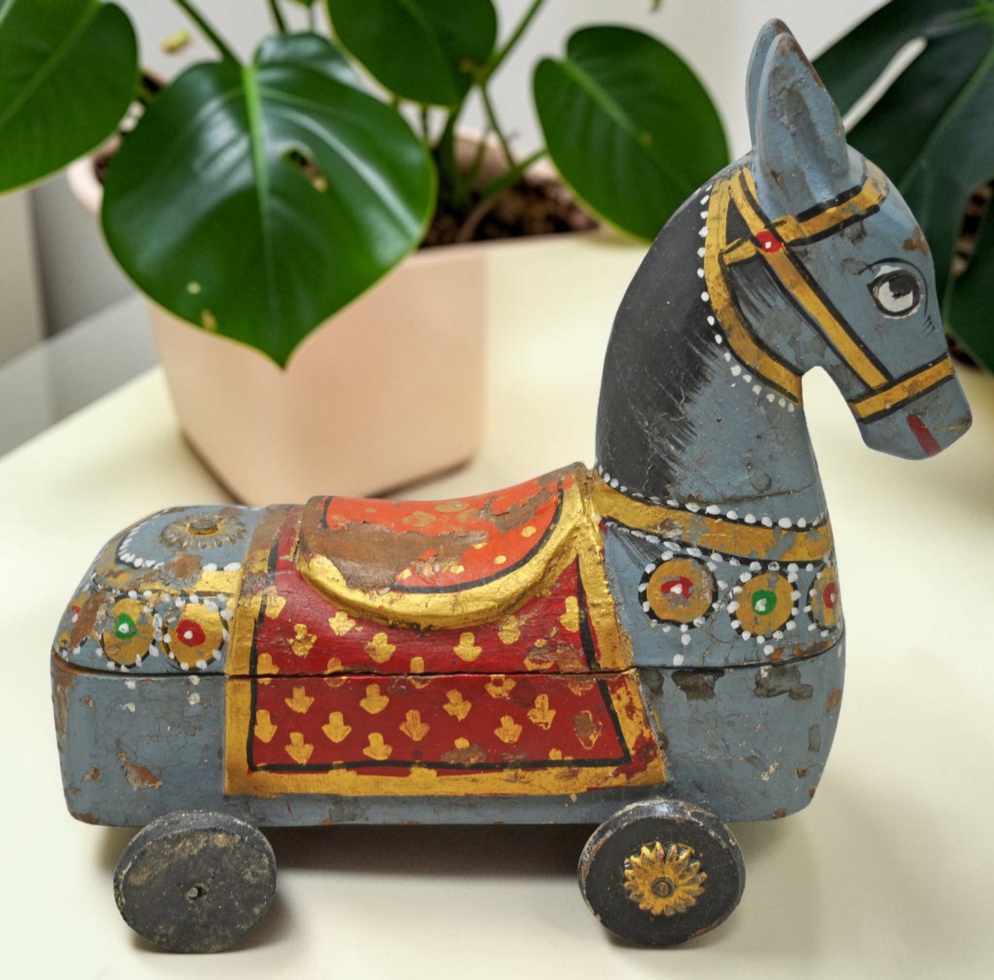 Fine Hand Carved Wooden Horse on Wheels Figurine Spice Box Rustic Painted
