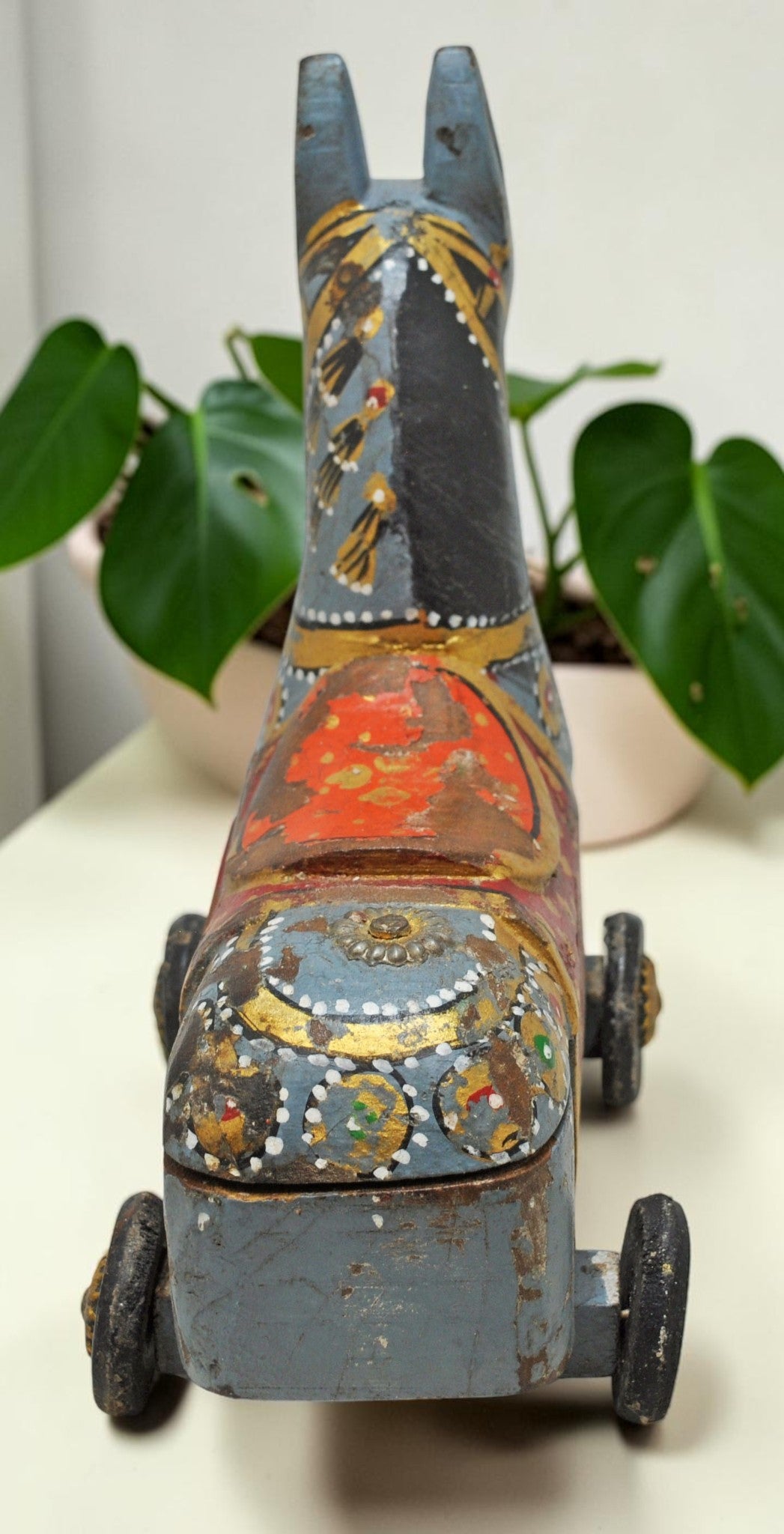 Fine Hand Carved Wooden Horse on Wheels Figurine Spice Box Rustic Painted