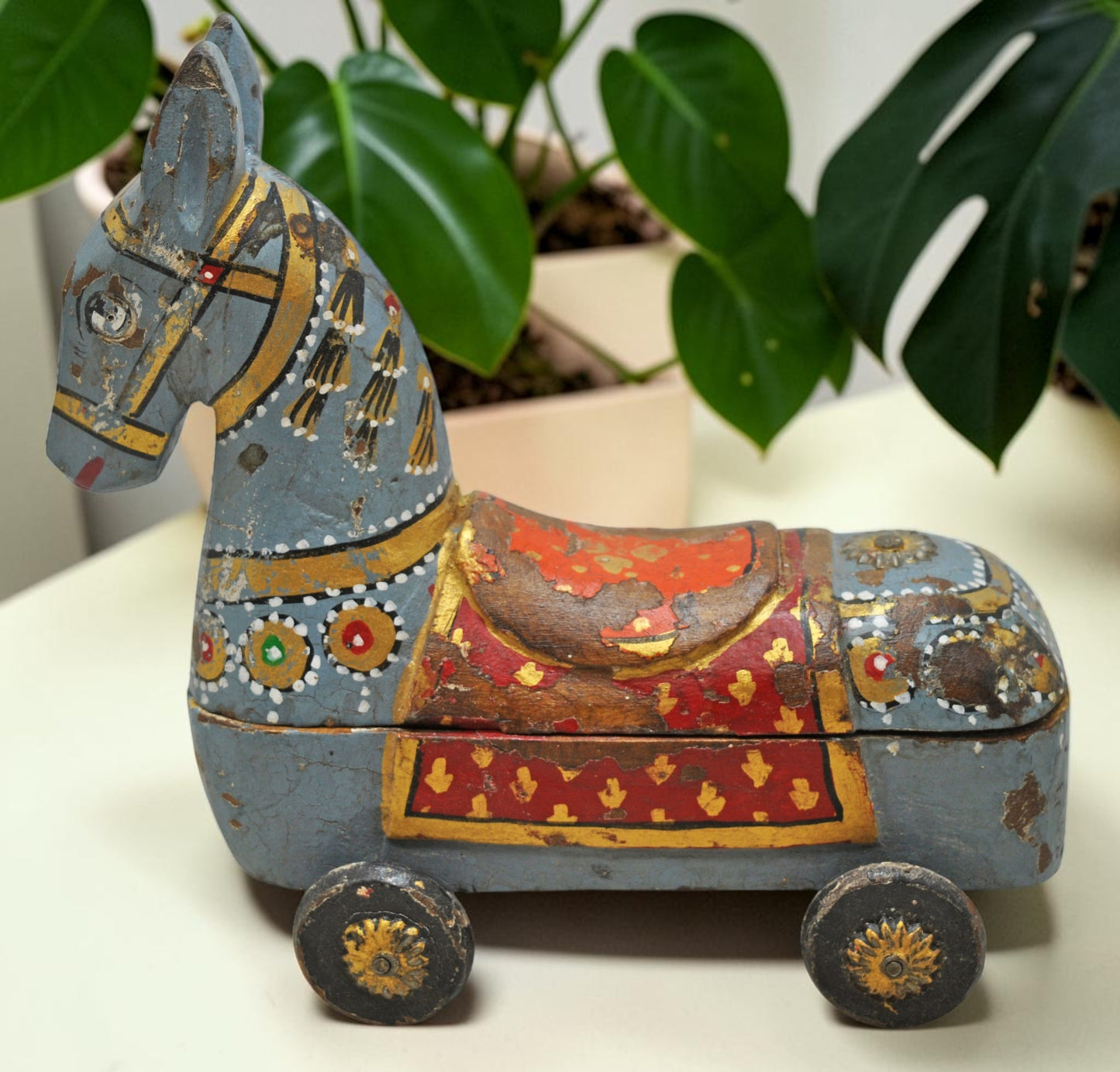 Fine Hand Carved Wooden Horse on Wheels Figurine Spice Box Rustic Painted