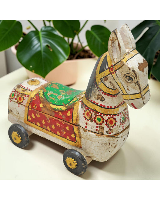 Fine Hand Carved Wooden Horse on Wheels Figurine Spice Box Rustic Painted