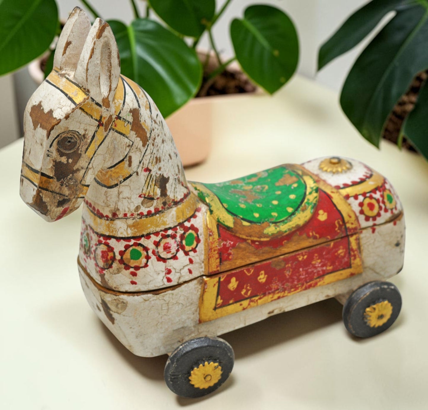 Fine Hand Carved Wooden Horse on Wheels Figurine Spice Box Rustic Painted