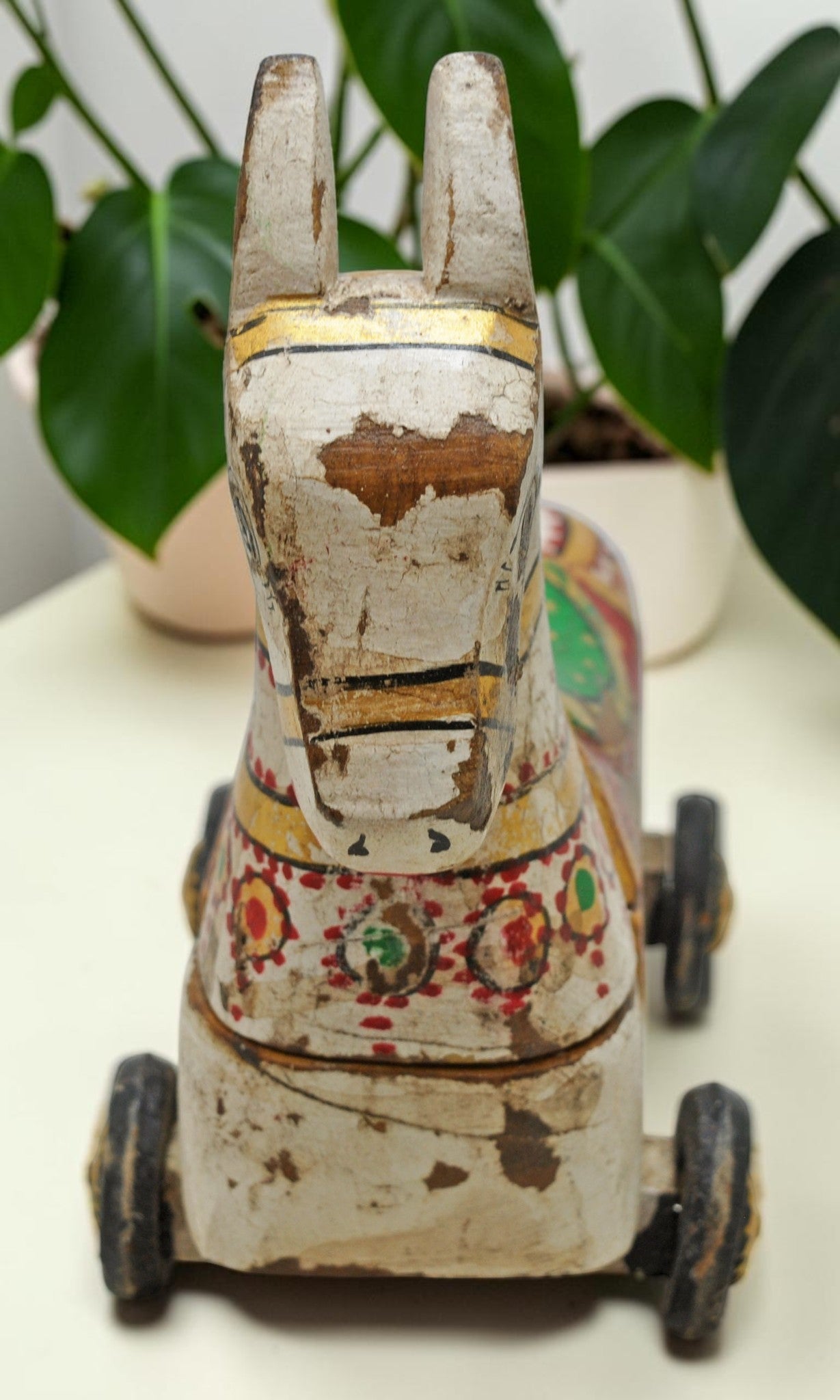 Fine Hand Carved Wooden Horse on Wheels Figurine Spice Box Rustic Painted