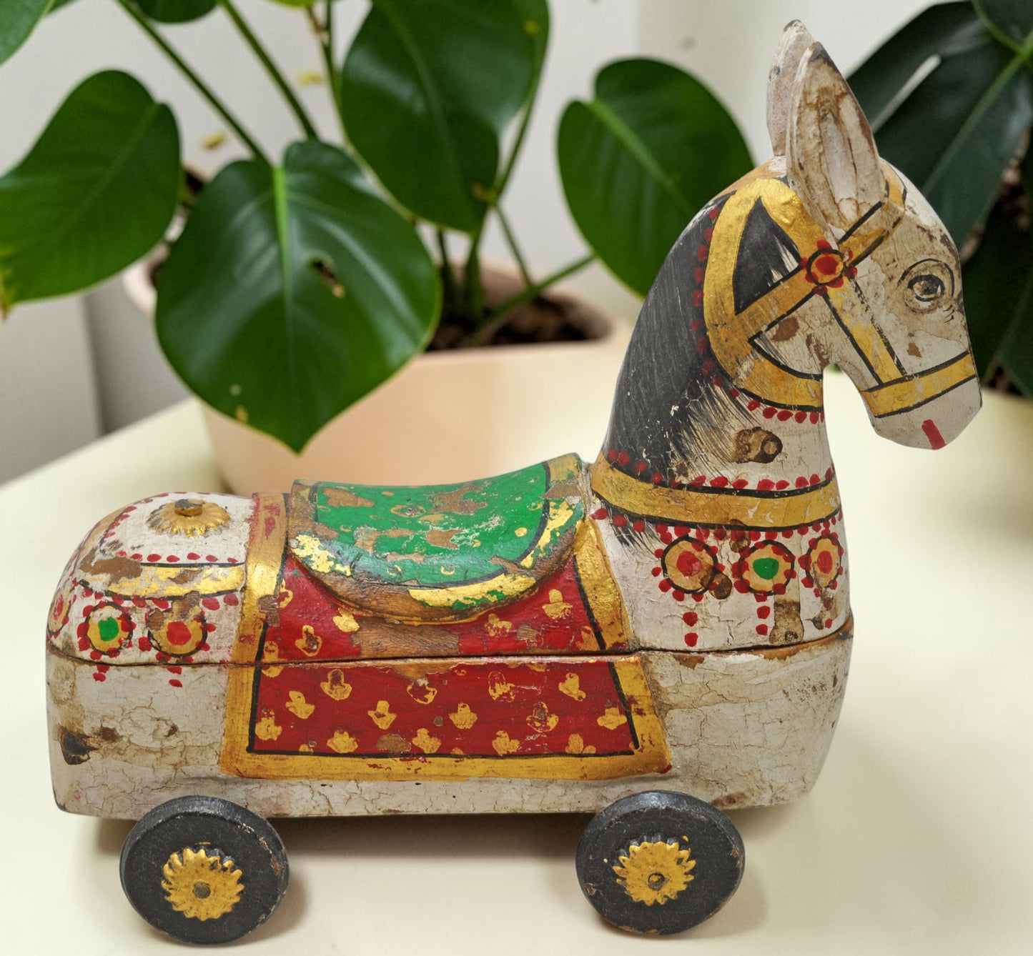 Fine Hand Carved Wooden Horse on Wheels Figurine Spice Box Rustic Painted