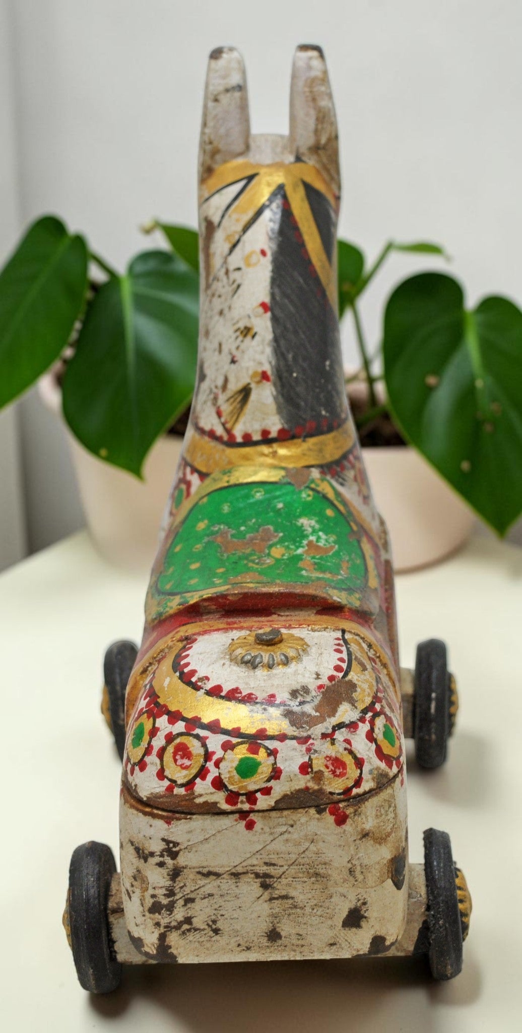 Fine Hand Carved Wooden Horse on Wheels Figurine Spice Box Rustic Painted