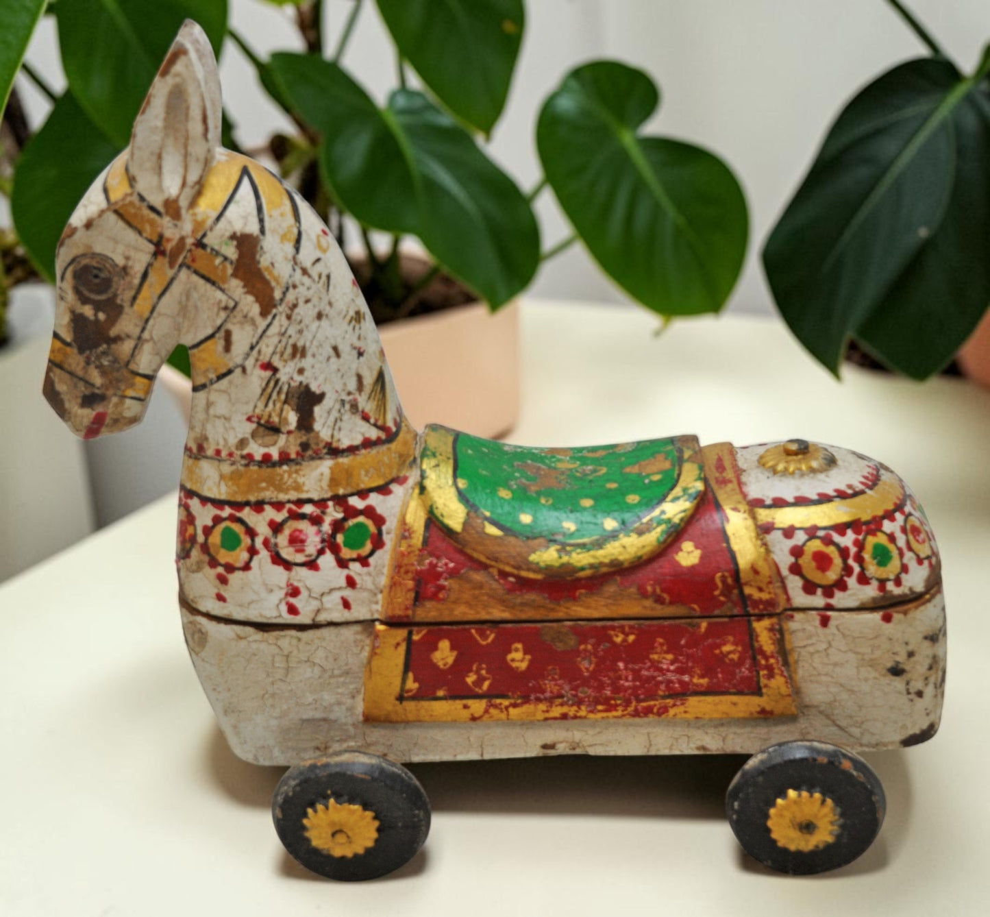 Fine Hand Carved Wooden Horse on Wheels Figurine Spice Box Rustic Painted