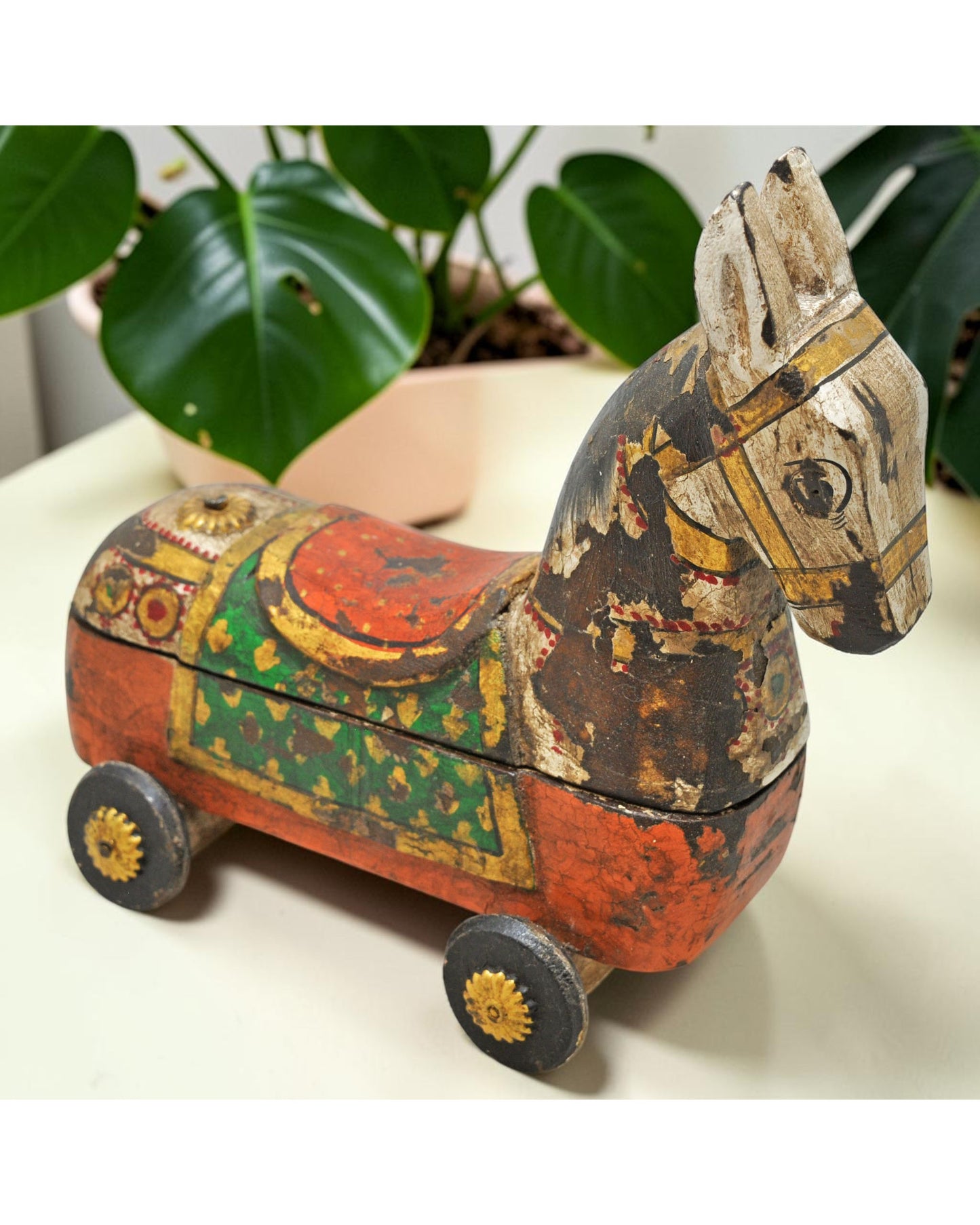 Fine Hand Carved Wooden Horse on Wheels Figurine Spice Box Rustic Painted