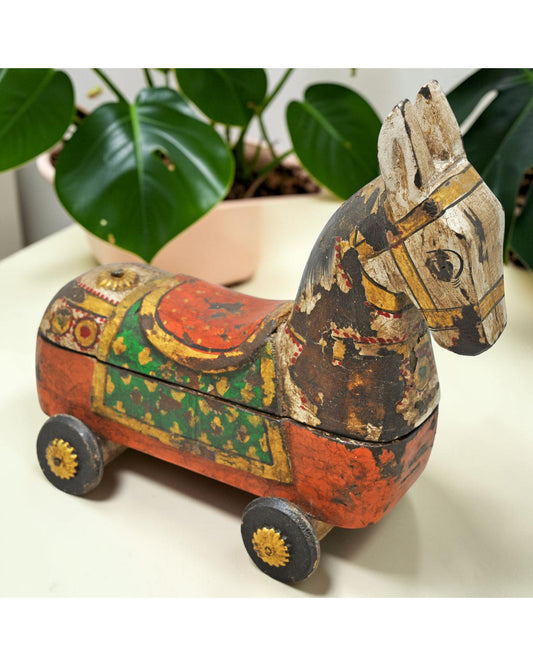Fine Hand Carved Wooden Horse on Wheels Figurine Spice Box Rustic Painted