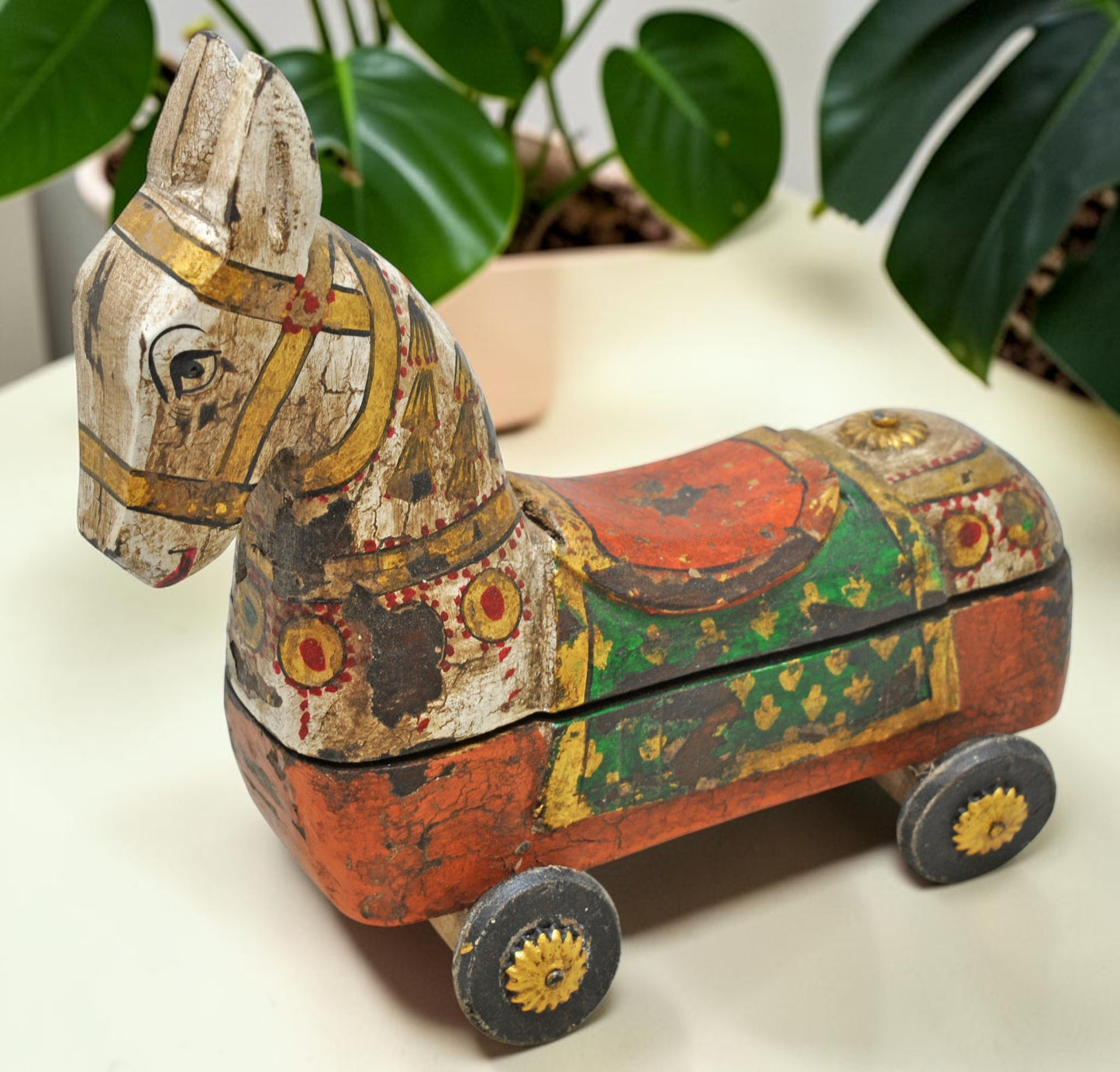 Fine Hand Carved Wooden Horse on Wheels Figurine Spice Box Rustic Painted