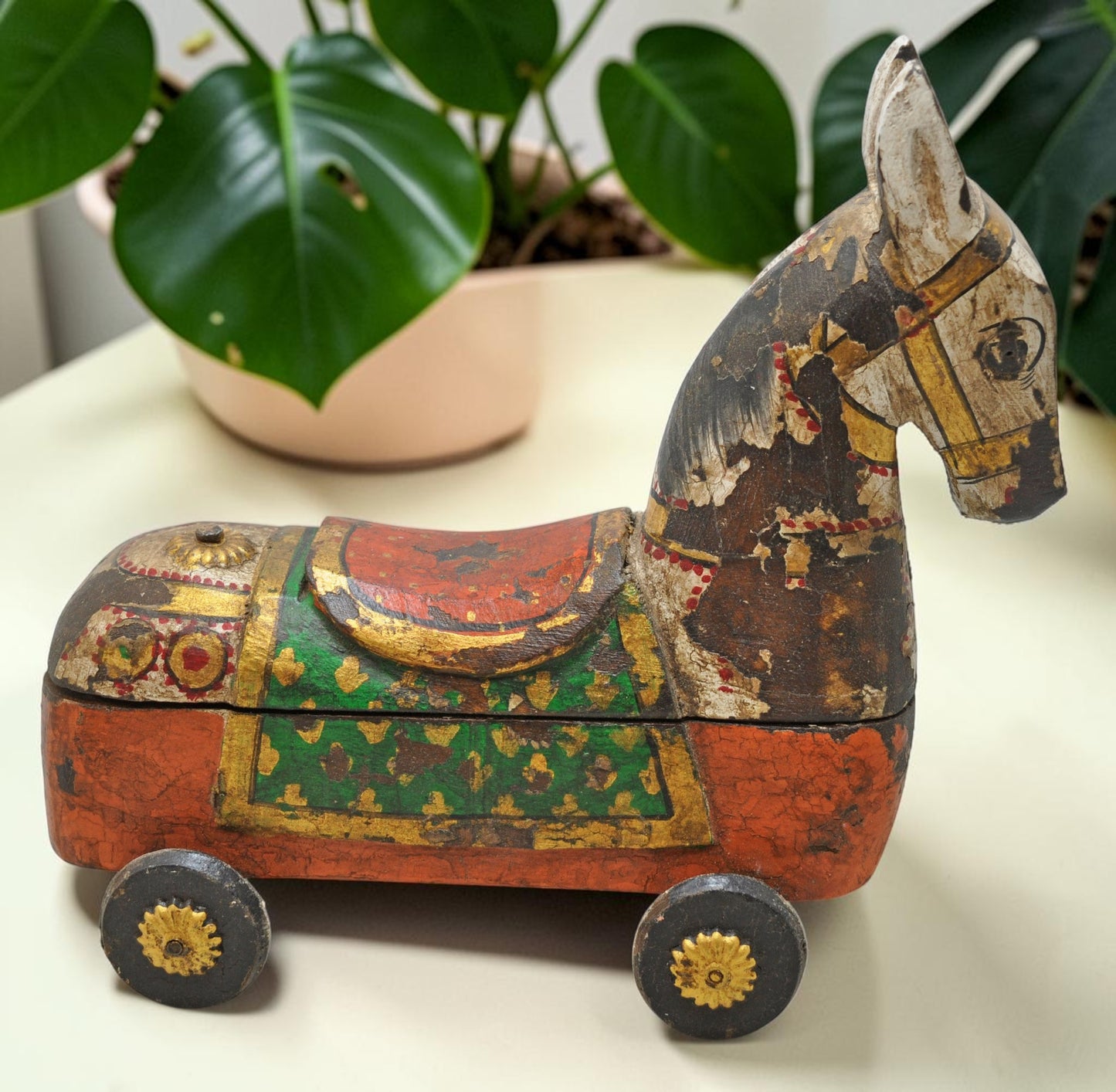 Fine Hand Carved Wooden Horse on Wheels Figurine Spice Box Rustic Painted