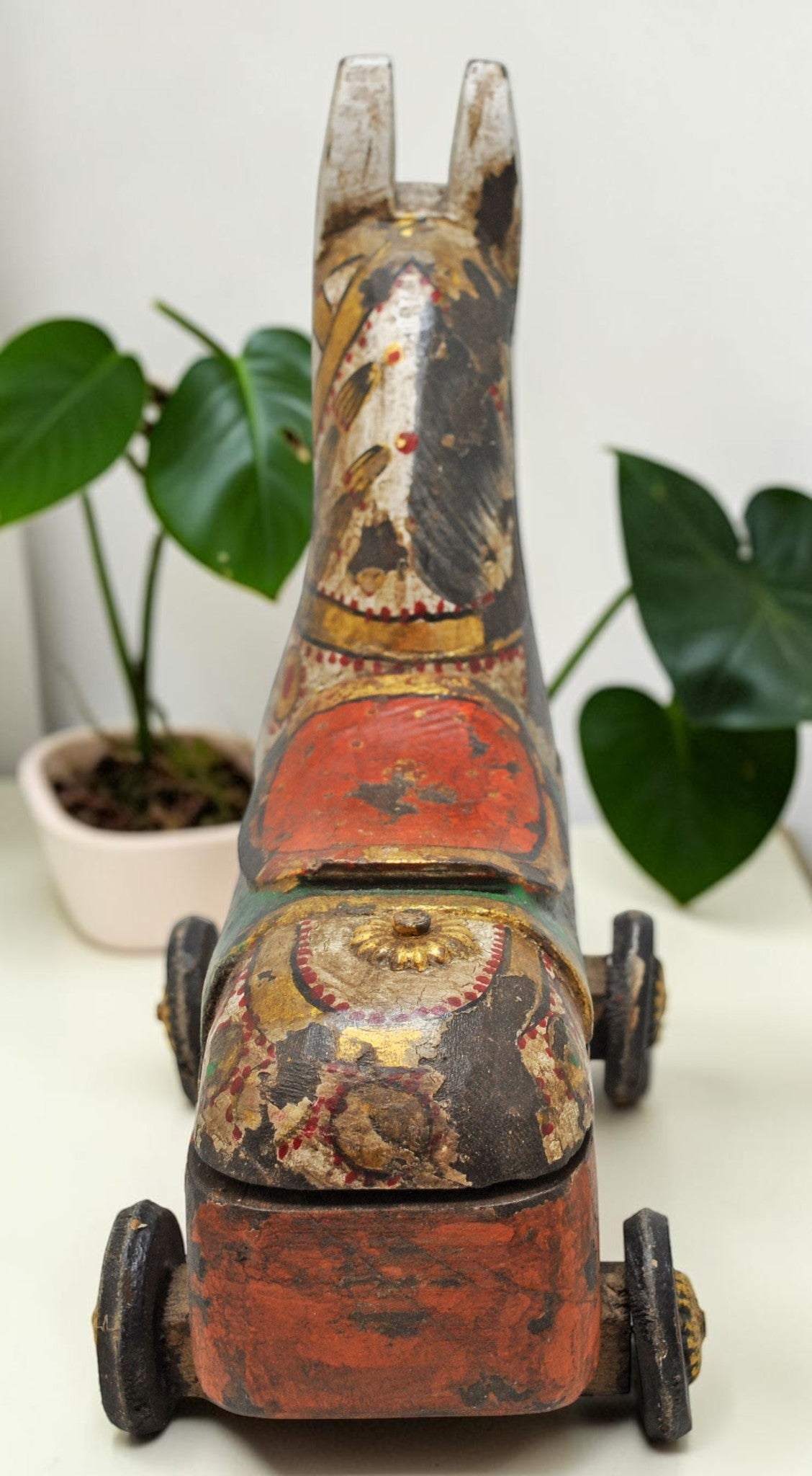 Fine Hand Carved Wooden Horse on Wheels Figurine Spice Box Rustic Painted