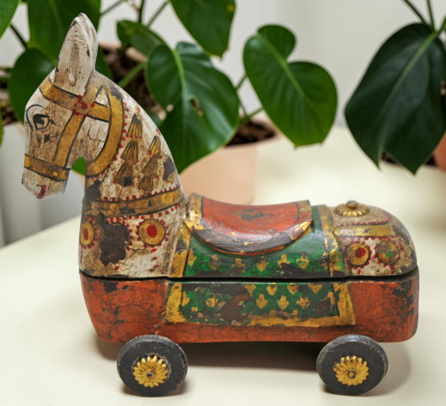 Fine Hand Carved Wooden Horse on Wheels Figurine Spice Box Rustic Painted