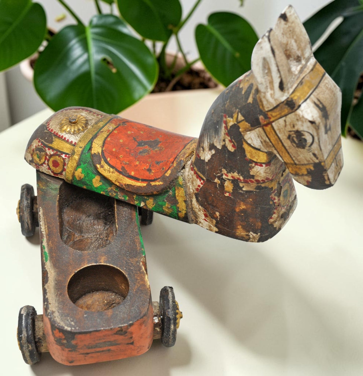 Fine Hand Carved Wooden Horse on Wheels Figurine Spice Box Rustic Painted