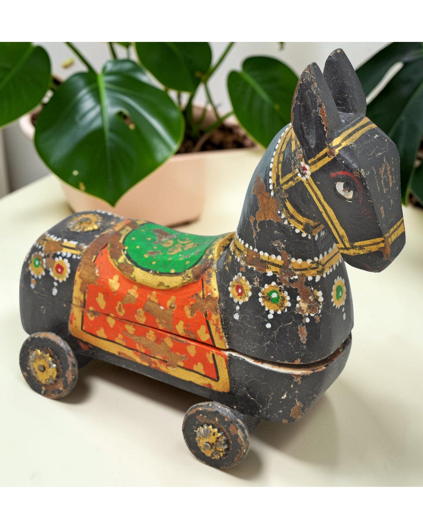 Fine Hand Carved Wooden Horse on Wheels Figurine Spice Box Rustic Painted