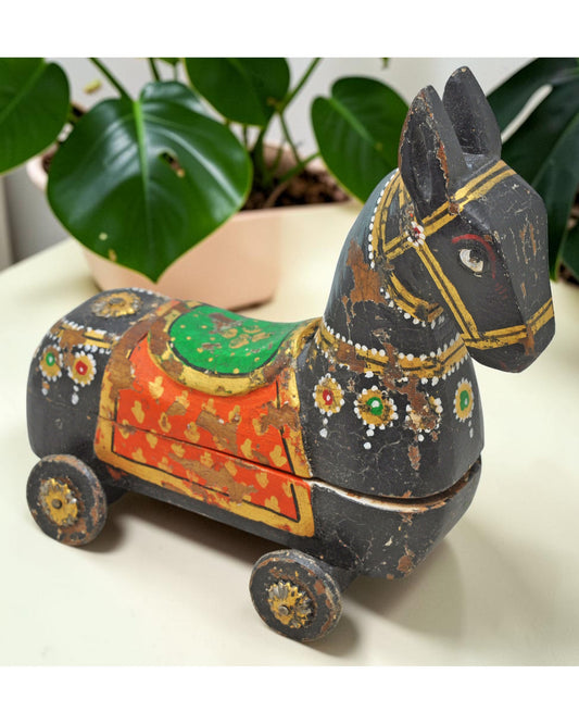 Fine Hand Carved Wooden Horse on Wheels Figurine Spice Box Rustic Painted