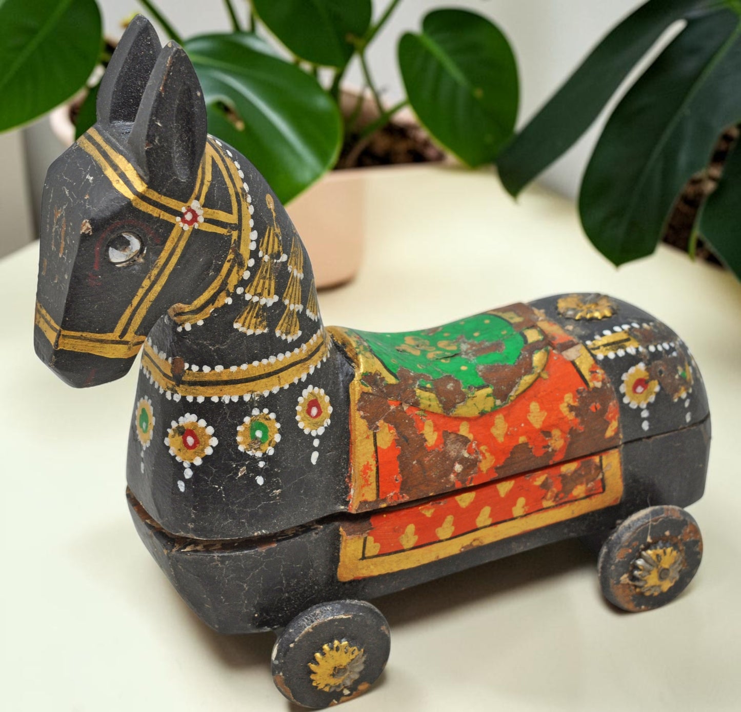Fine Hand Carved Wooden Horse on Wheels Figurine Spice Box Rustic Painted