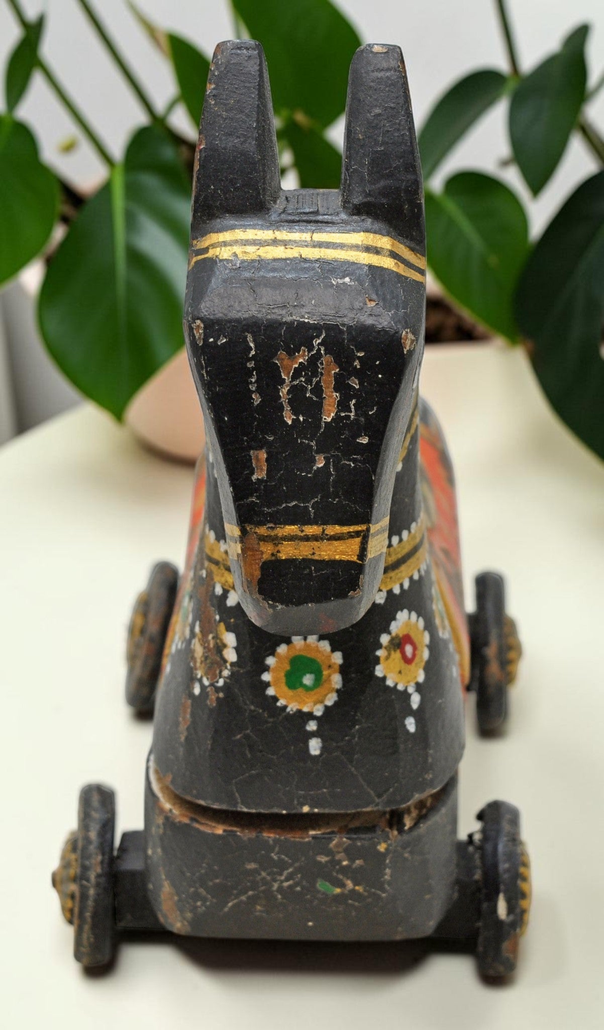 Fine Hand Carved Wooden Horse on Wheels Figurine Spice Box Rustic Painted