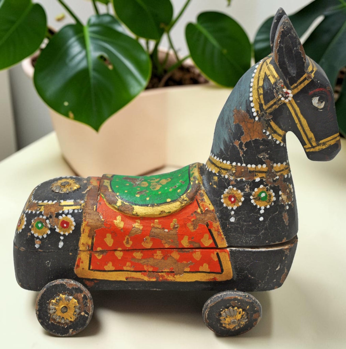 Fine Hand Carved Wooden Horse on Wheels Figurine Spice Box Rustic Painted