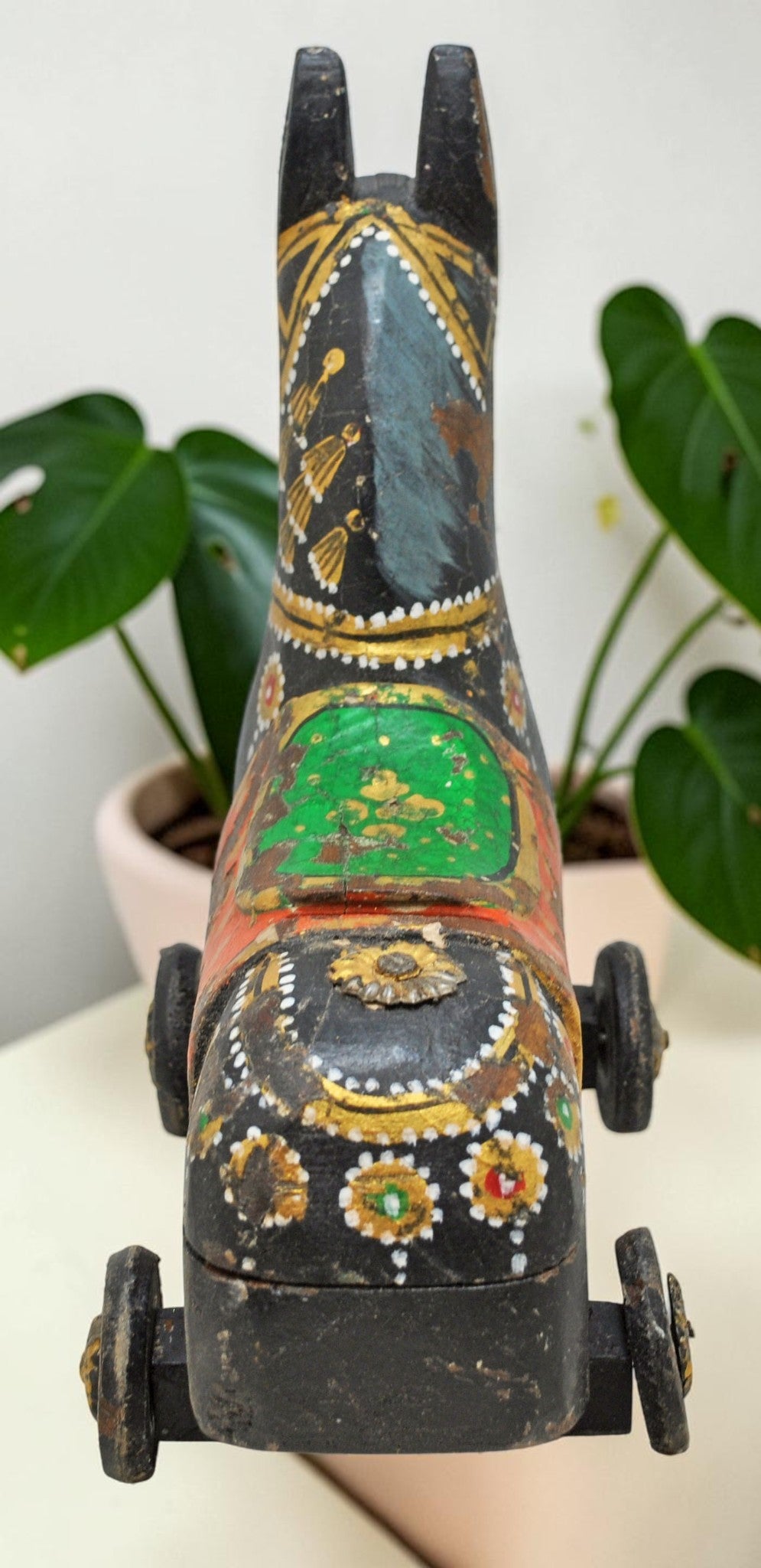 Fine Hand Carved Wooden Horse on Wheels Figurine Spice Box Rustic Painted