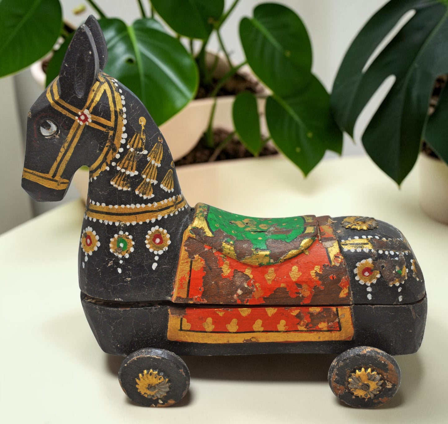 Fine Hand Carved Wooden Horse on Wheels Figurine Spice Box Rustic Painted