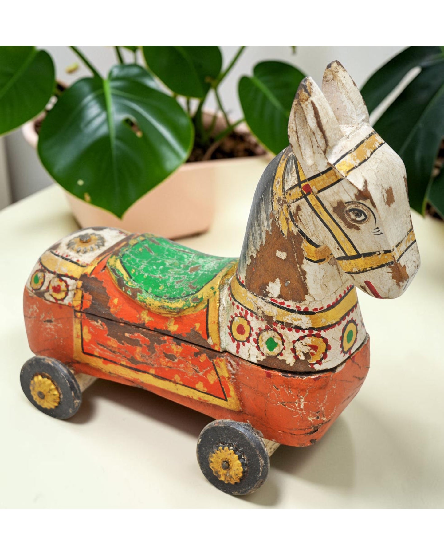 Fine Hand Carved Wooden Horse on Wheels Figurine Spice Box Rustic Painted
