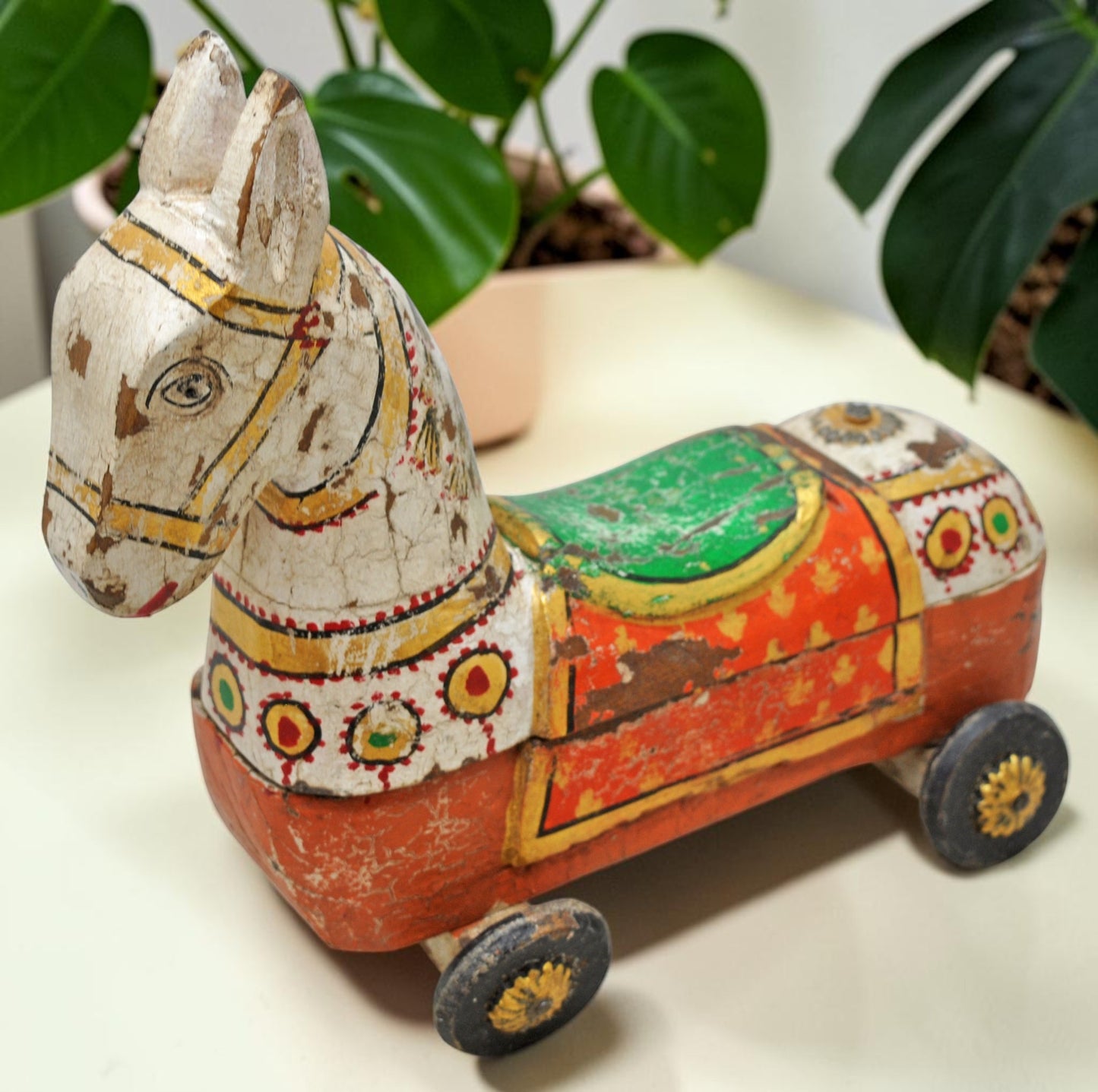 Fine Hand Carved Wooden Horse on Wheels Figurine Spice Box Rustic Painted