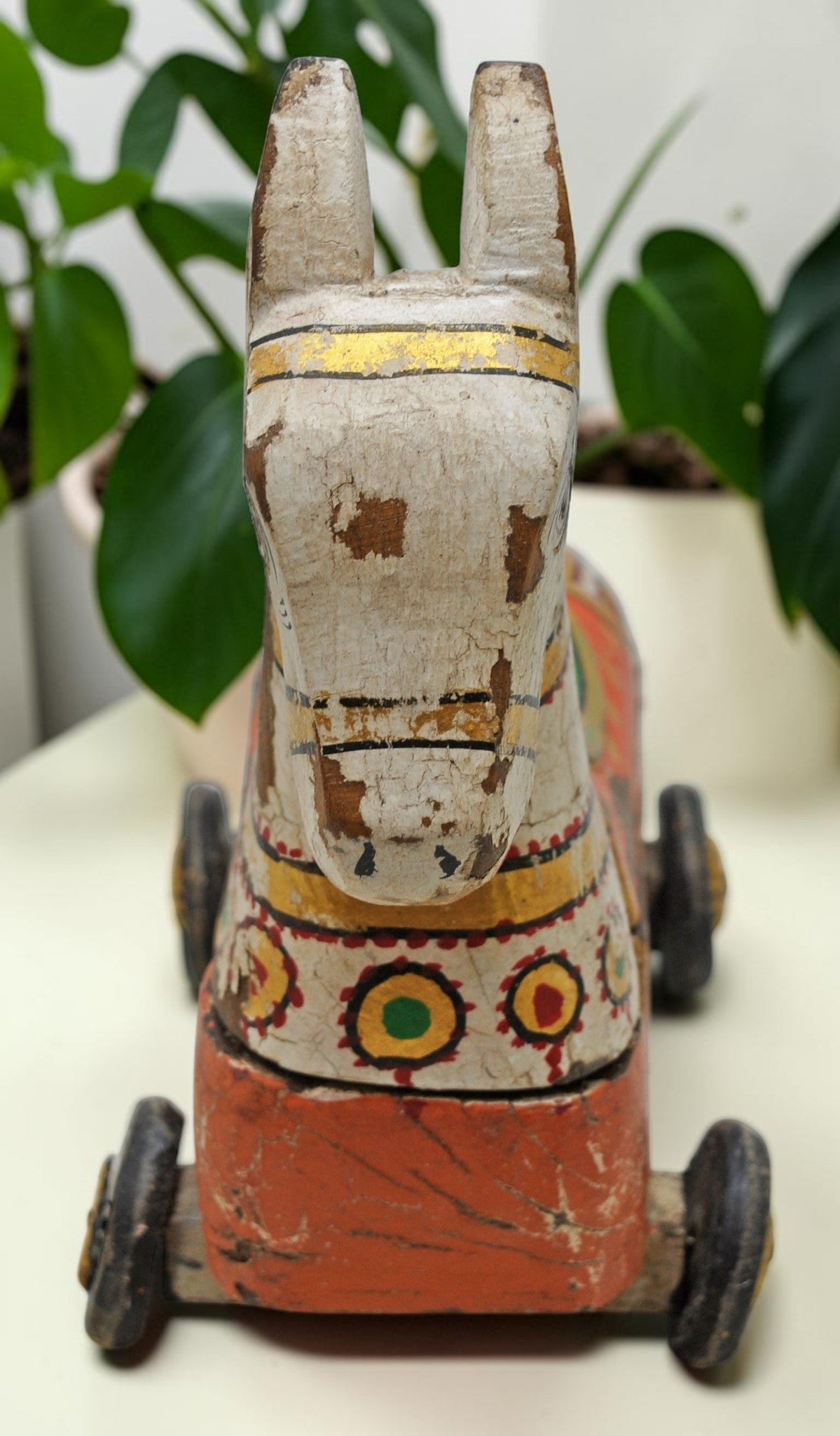 Fine Hand Carved Wooden Horse on Wheels Figurine Spice Box Rustic Painted