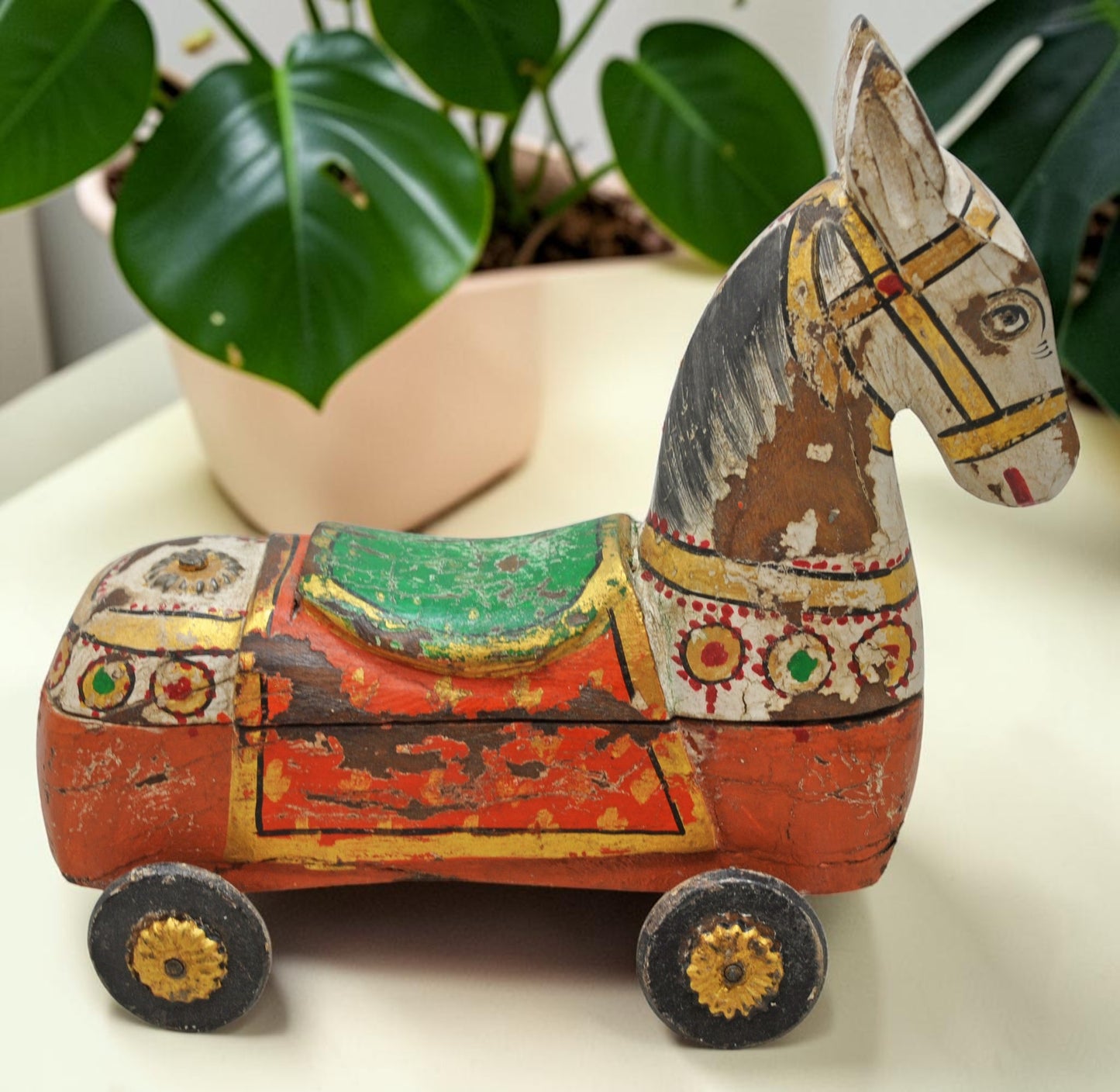 Fine Hand Carved Wooden Horse on Wheels Figurine Spice Box Rustic Painted