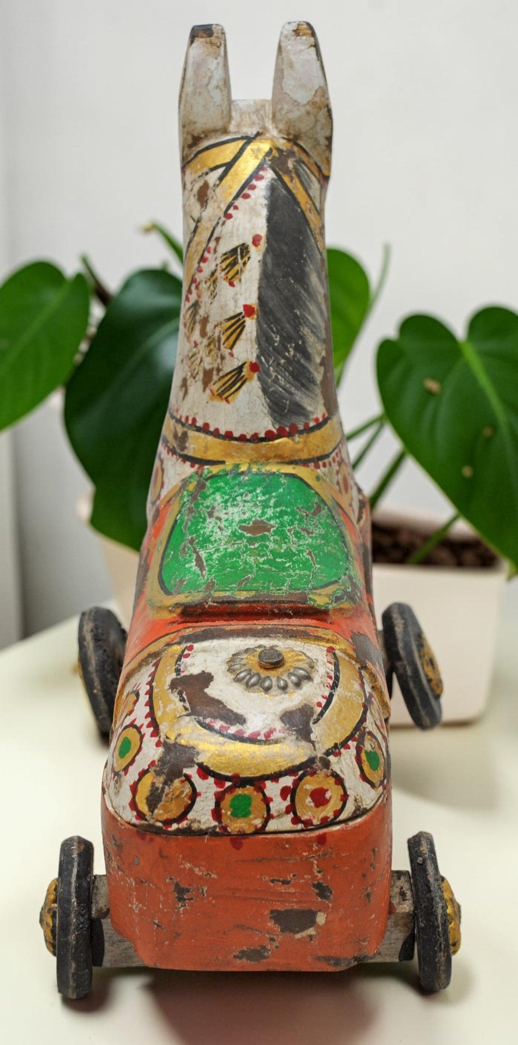 Fine Hand Carved Wooden Horse on Wheels Figurine Spice Box Rustic Painted