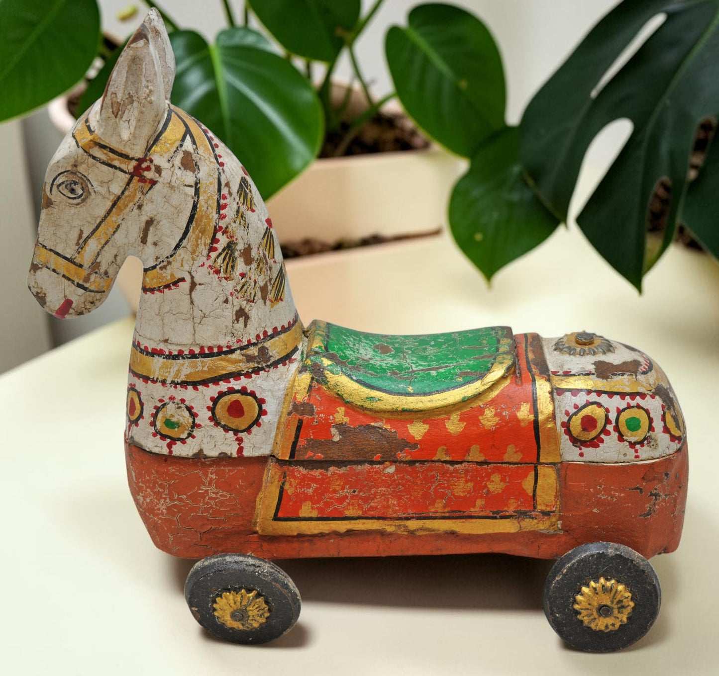 Fine Hand Carved Wooden Horse on Wheels Figurine Spice Box Rustic Painted