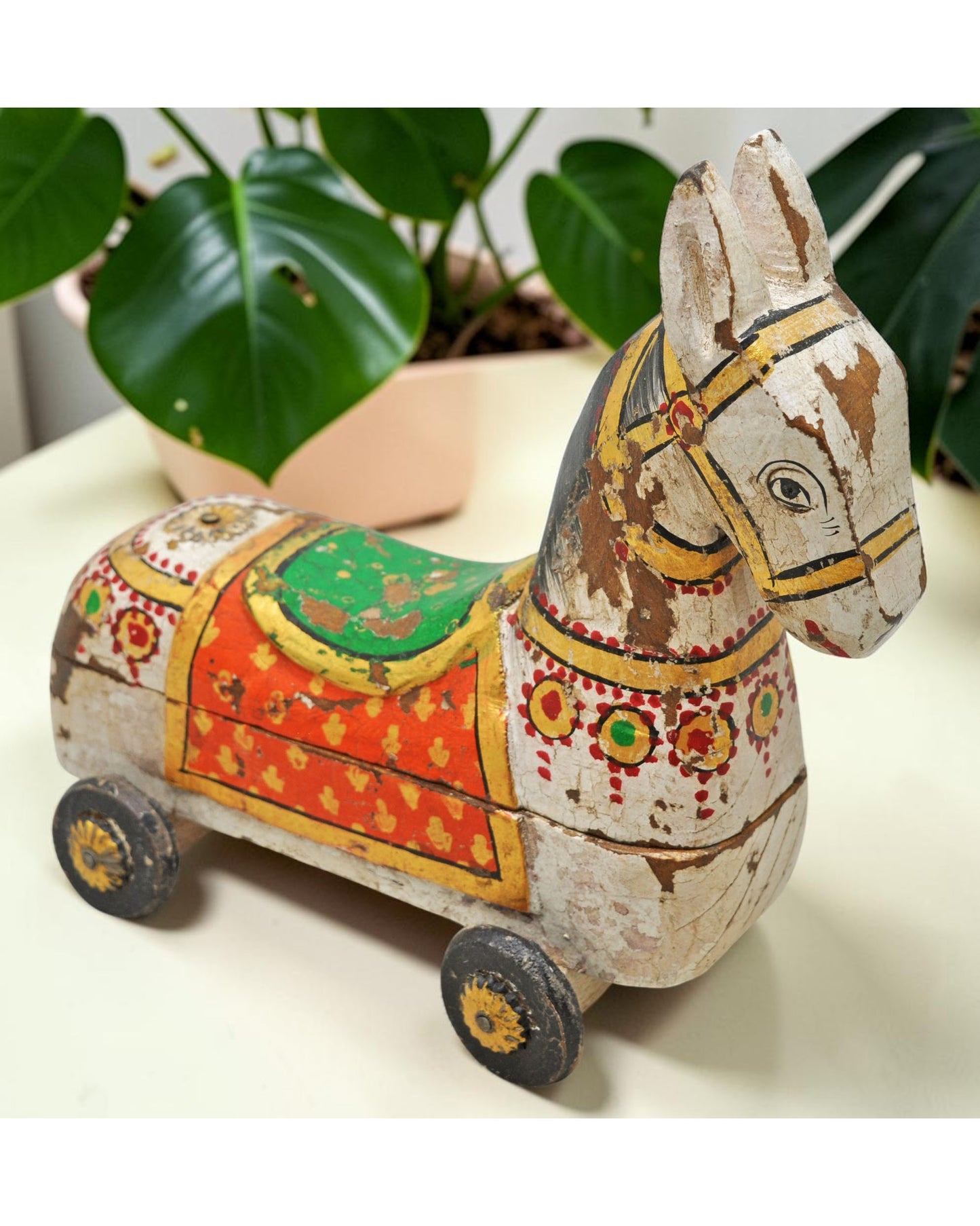 Fine Hand Carved Wooden Horse on Wheels Figurine Spice Box Rustic Painted