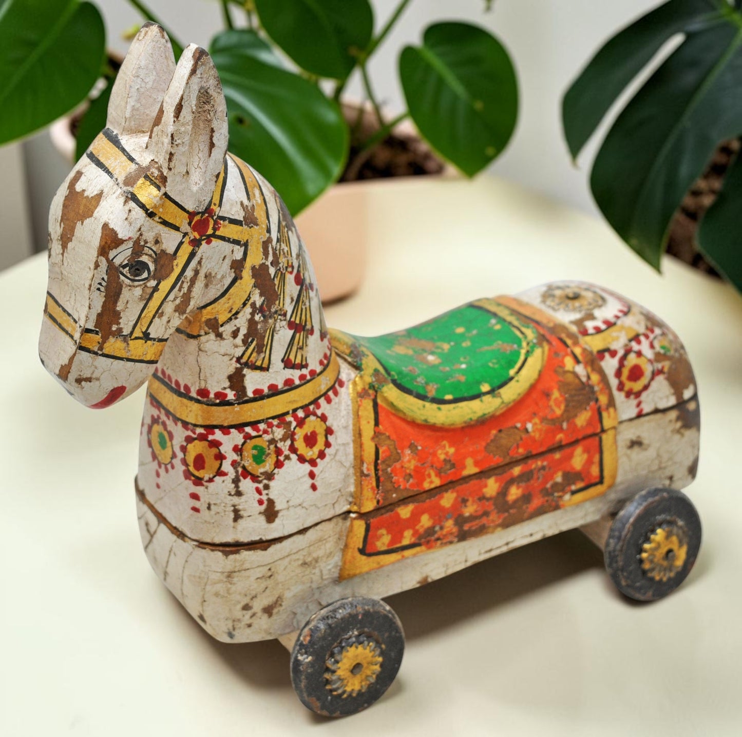 Fine Hand Carved Wooden Horse on Wheels Figurine Spice Box Rustic Painted