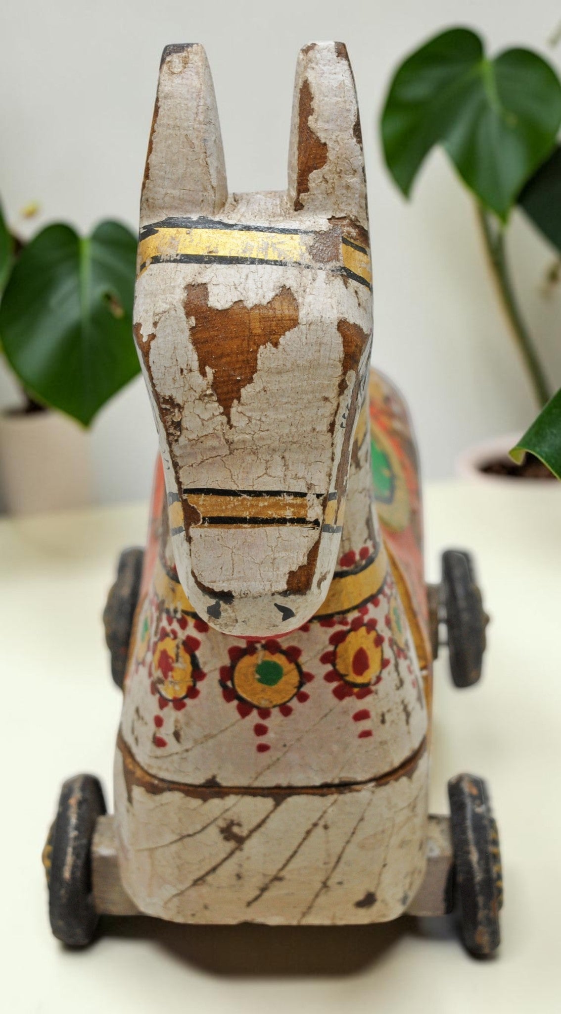 Fine Hand Carved Wooden Horse on Wheels Figurine Spice Box Rustic Painted