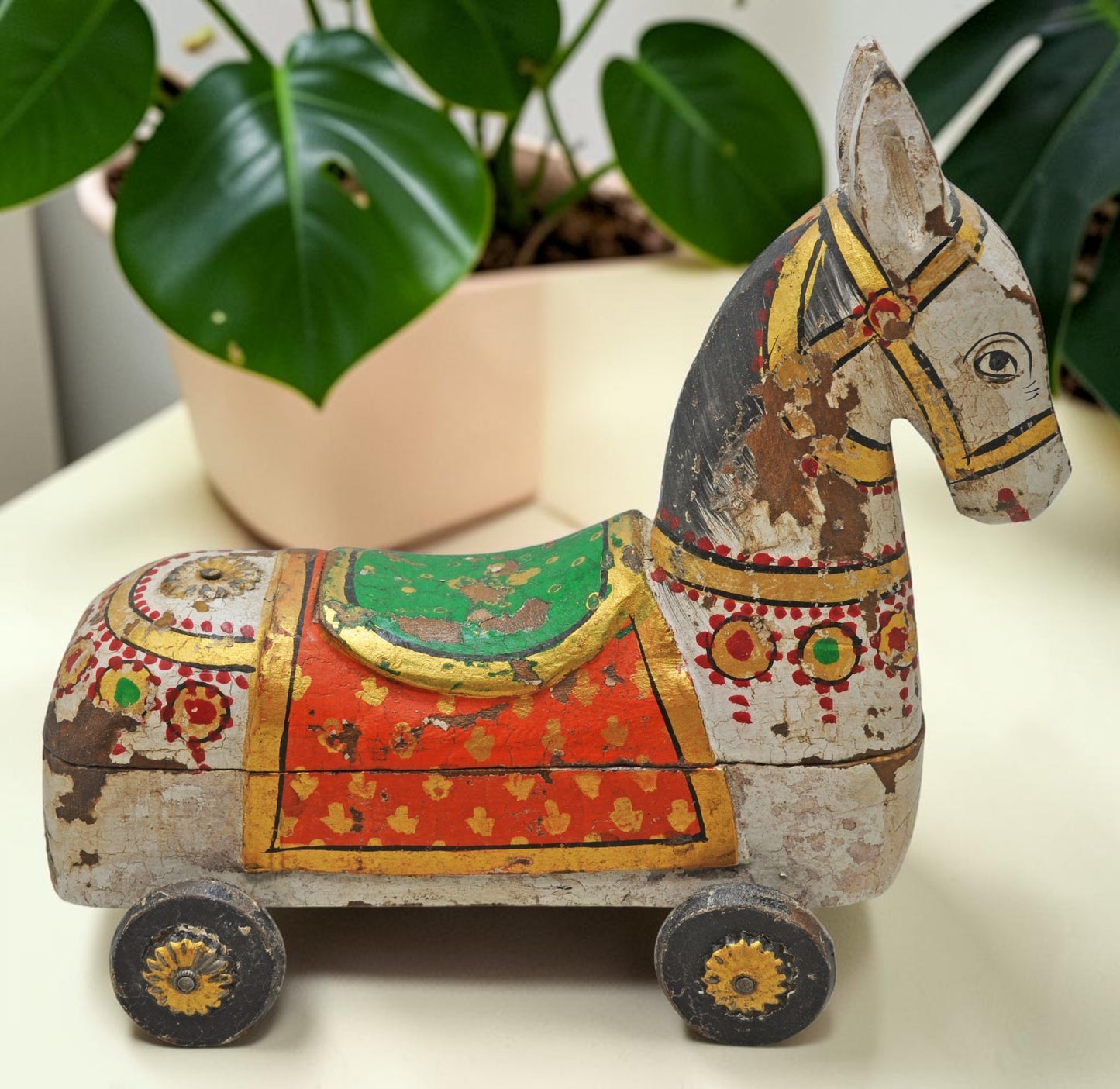 Fine Hand Carved Wooden Horse on Wheels Figurine Spice Box Rustic Painted